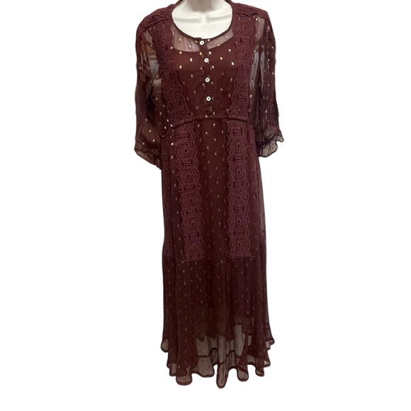 Sundance Burgundy Crochet Metallic Dotted Dress with/Slip Womens 8 boho - Picture 1 of 10